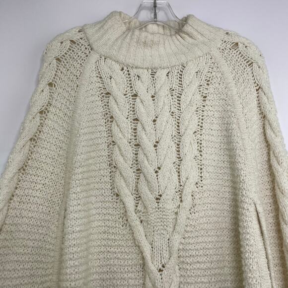 Draper James Ivory Cable Knit Poncho Cape Sweater Women's M/L Merino Wool Alpaca - Picture 2 of 11